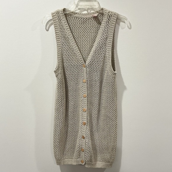 Sweaters - Vintage Linen Blend Open Knit Sleeveless Cardigan Sweater Vest Beige Tan Sz S